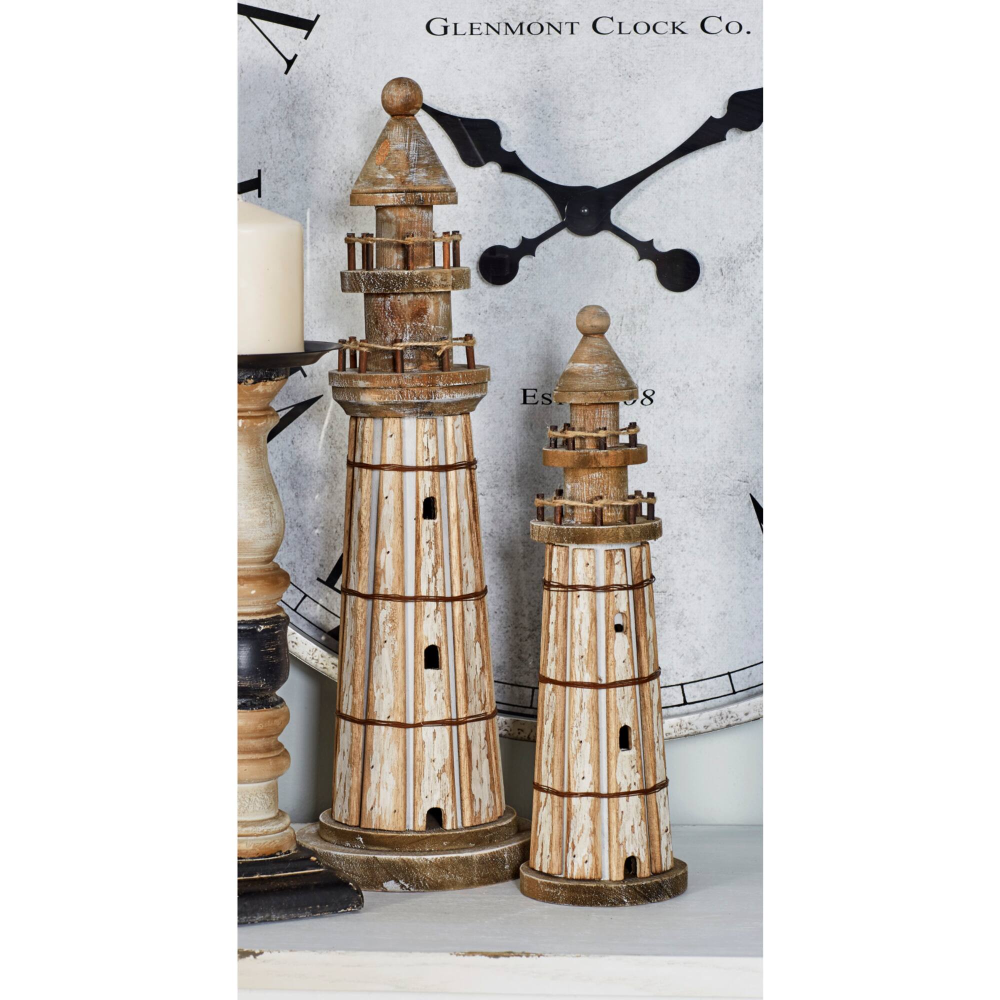 Set of 2 Brown Wood Coastal Light House Sculpture, 15", 20"
